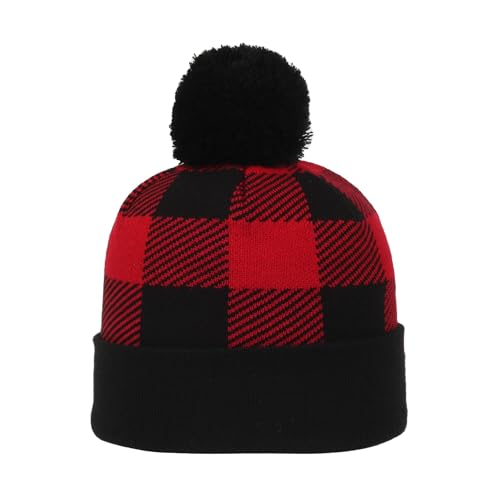 Outdoor Cap Unisex Adult Sasquatch Knit Beanie with Cuff & Pom - color: Buffalo Plaid Red and Black