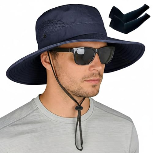 ZOORON Sun Hats for Men Women, Wide Brim Safari Hats UV Protection UPF50+ Waterproof Boonie Hats for Fishing Hiking Camping - color: With One Pair Cooling Sleeves-1pack-navy