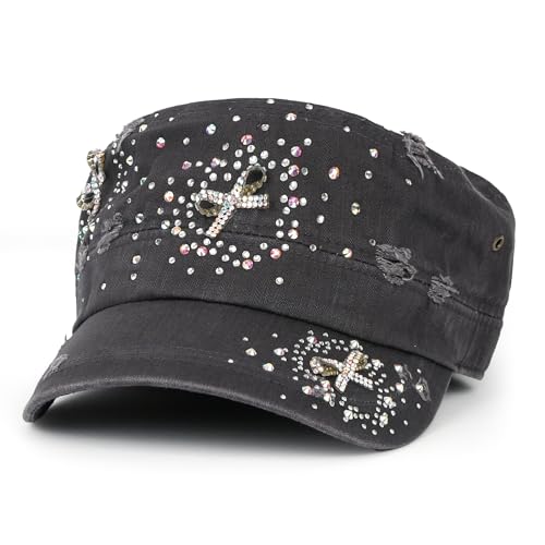 ililily Rhinestone Cotton Cadet Cap Vintage Distressed Cotton Military Army Hat - color: Charcoal-heart Ribbon