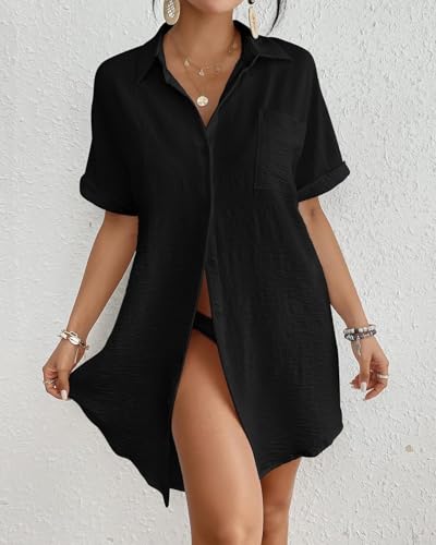 Bsubseach Women Swimsuit Coverup Shirt Dress Button Down Bathing Suit Cover Up Beach Vacation Outfits - color: Black, size: X-Large