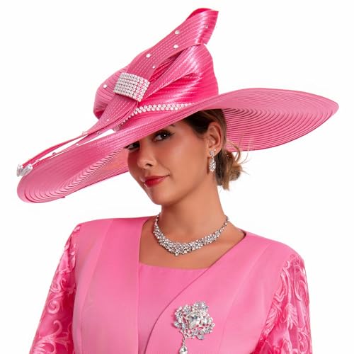 Women's Dramatic Giant Wide Brim Rhinestone Church Hat Statement Turban Fascinator for Wedding Chapel Baptist Sunday - color: 16-pink