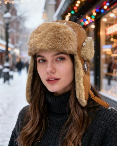 Croogo Faux Fur Trapper Hats with Ear Flaps Aviator Hat for Cold Weather Outdoor Ski Cap Black Ushanka Hat for Men Women - color: Pl2406-camel