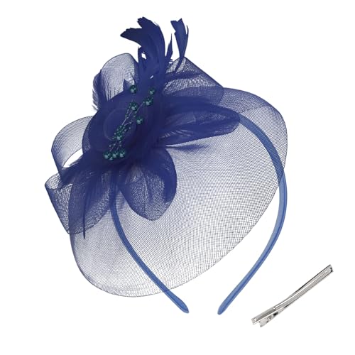 Womens Fascinators Mesh Hats Tea Party Hats for Women Feather Veil Headband - color: Navy Blue