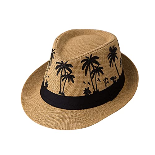 ECYC Ltd Panama Straw Hats Short Brim Fedora Straw Hat Trilby Hat Palm Tree Print Summer Beach Sun Hat Cap for Men Women - color: Khaki