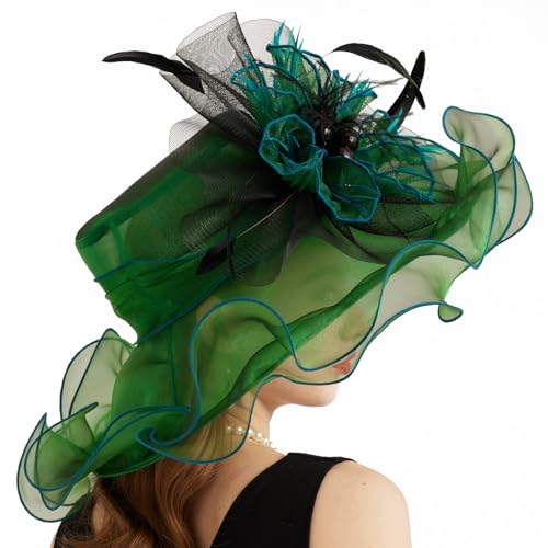 Women Organza Church Derby Hat Wide Brim Sun Caps for Wedding Tea Party Hat with Detachable hat Flower as Headgear - color: 11-green