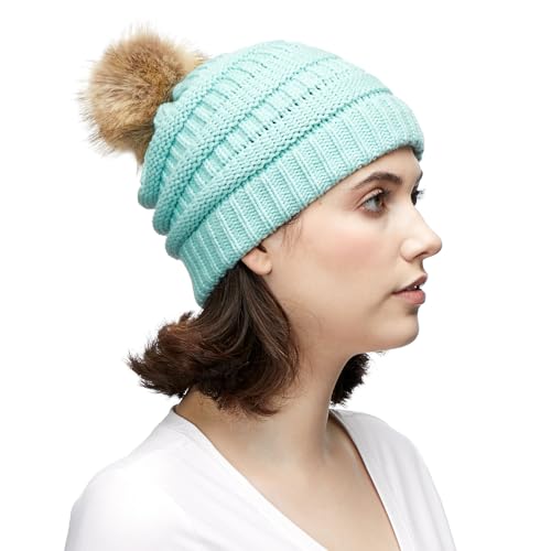 C.C Fur Pom Winter Fall Trendy Chunky Stretchy Cable Knit Beanie Hat - color: Solid Mint