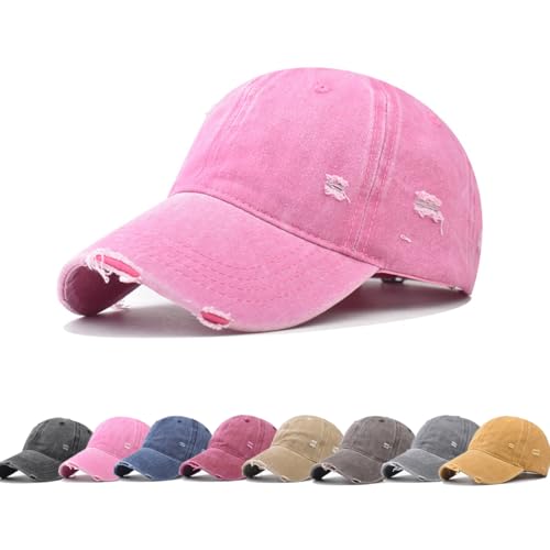 YuMENo Distressed Baseball Cap for Women Men Vintage Washed Cotton Low Profile Adjustable Dad Hats - color: Pink
