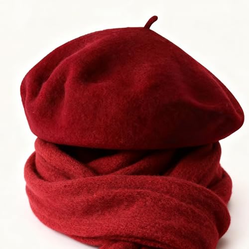 Women French Beret Hat Solid Artist Hat Wool Beret Winter Warm Beanie Cap - color: Dark Red