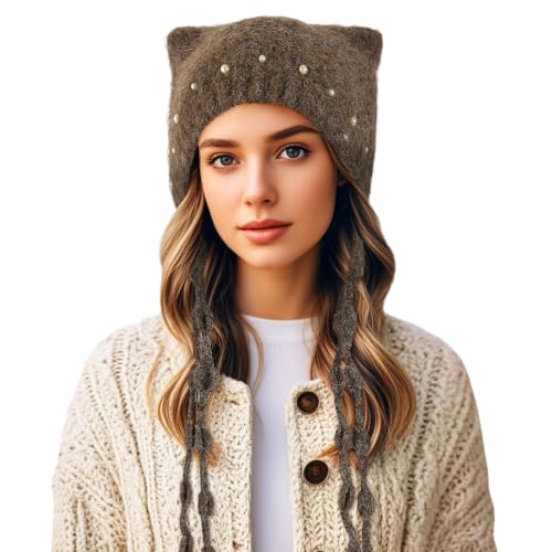 DOCILA Winter Beanie Hat for Women Warm Fleece Lined Pom Knit Earflap Hats Cute Outdoor Snow Ski Skull Cap - color: Brown