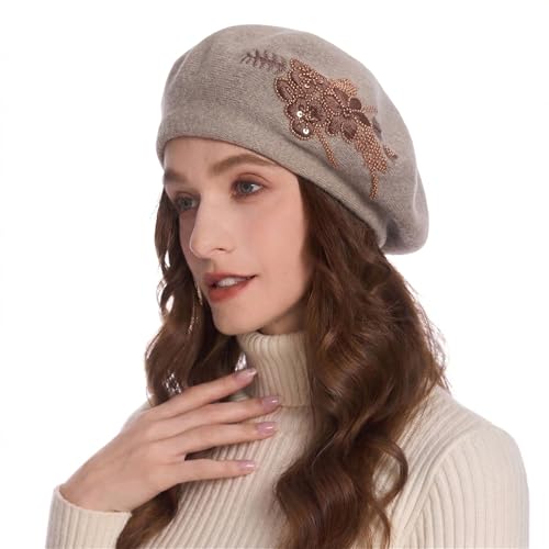 ZLYC Women French Beret Hat Reversible Knit Thickened Warm Artist Cap - color: Embroidered Flower Coffee
