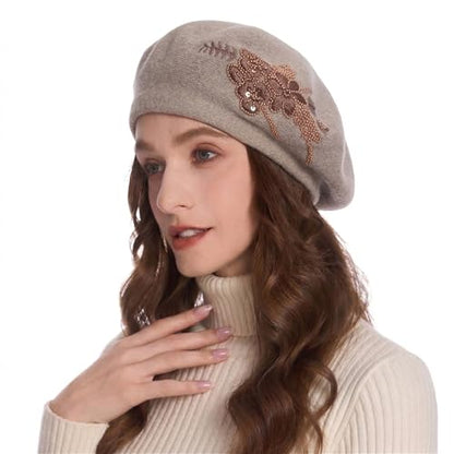 ZLYC Women French Beret Hat Reversible Knit Thickened Warm Artist Cap - color: Embroidered Flower Coffee