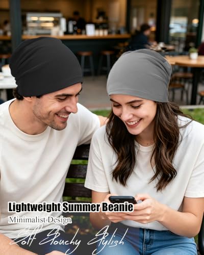 ROYBENS 100% Cotton Thin Slouchy Beanie Hat Women Men Lightweight Chemo Cap - color: 1pcs-dark Grey