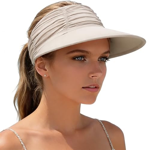 KXF Sun Visors Hat for Women Wide Brim Beach Hat Foldable Visor Hat Cap Ponytail Summer Packable UPF 50+ Adjustable Stretchy - color: Khaki