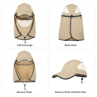 HUAMULAN Women Wide Brim Sun Hat Ponytail UV Protection Visor Fishing Cap - color: Khaki With Foldable Visor