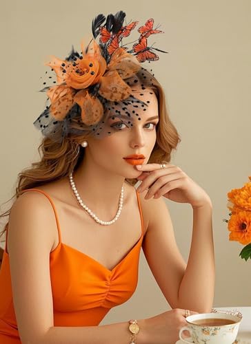 Zinniday Butterfly Derby Hat 2025 - Classic Tea Party Hats with Hair Clip, 1920s 50s Fascinators for Lady Woman - color: Black Orange