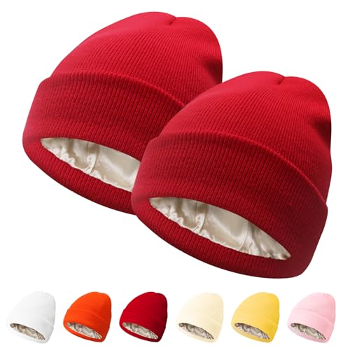 PFFY Womens Satin Lined Beanie Silk Lining Winter Hats Beanies for Women - color: Red+red