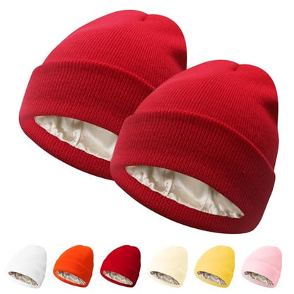 PFFY Womens Satin Lined Beanie Silk Lining Winter Hats Beanies for Women - color: Red+red