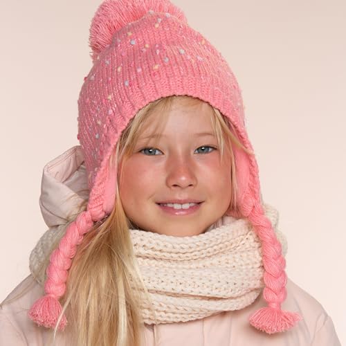 Girls Warm Knit Earflap Hat, Fleece Lined Cold-Weather Essential for Kids 1-12 Years, Unique Colorful Design, Premium Quality - color: Camelia Pink, size: 6-12 Years