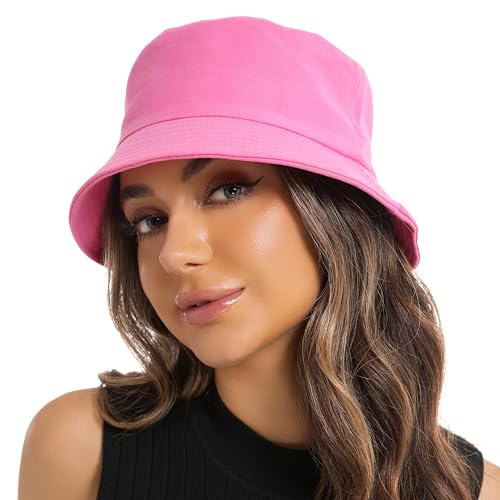 Wheebo Solid Color Bucket Hat for Women Summer Beach Fishmen Hat for Lady Adult Unisex Cotton Cap…… - color: A-sc-hot Pink