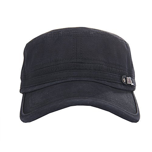QZUnique Adjustable Flat Top Cap Solid Brim Army Cadet Style Military Hat - color: A- Black