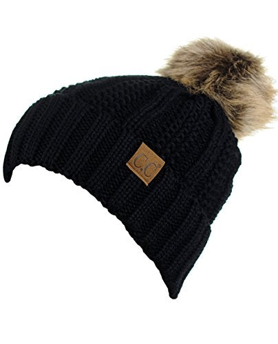 C.C Thick Cable Knit Faux Fuzzy Fur Pom Fleece Lined Skull Cap Cuff Beanie - color: Black