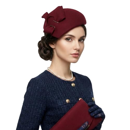 Women Wool Derby Hat for Women Pillbox Hat Wedding Hats Felt Bowknot Fascinators - color: Wine Red