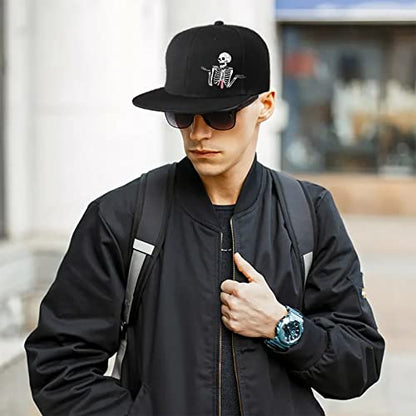 Snapback Hats for Men Flat Bill Brim Hats Fitted Black Baseball Cap for Men Cool Hip Hop Hat Mens Trucker Cap - color: Skeletons Don't Matter