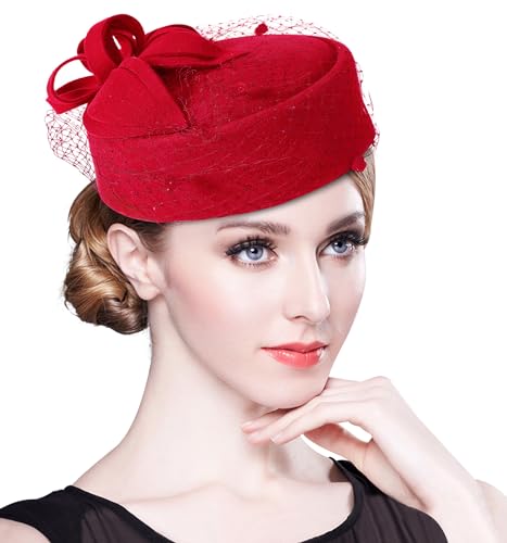 Z&X British Vintage Wool Felt Pillbox Hat Ladies Church Derby Winter Fascinator Hat Veil Flower Fedoras - color: A- Red
