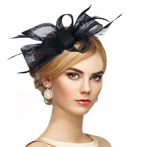 Zinniday Victoria Tea Party Hat - 2025 Bow Derby Attire Hats with Hairpin,1920s 50s Feather Fascinators for Women - color: Black