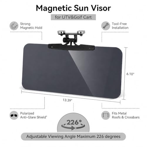 2-Pack Magnetic Sun Visor for UTV & Golf Cart, Polarized Anti-Glare Adjustable Sunshade, Tool-Free Fit for Polaris Ranger/Defender, Can-Am, Uforce 1000, EZGO with Metal Roof/Crossbars,13.39" × 7.8"
