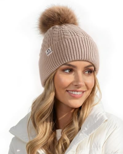 FURTALK Winter Hats for Women Fleece Lined Pom Pom Beanie Warm Knit Cap - color: Light Khaki