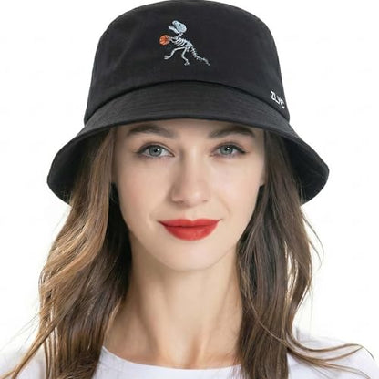 ZLYC Cotton Bucket Hat for Women Men Embroidered Packable Summer Sun Cap - color: Dinosaur Skeleton Black