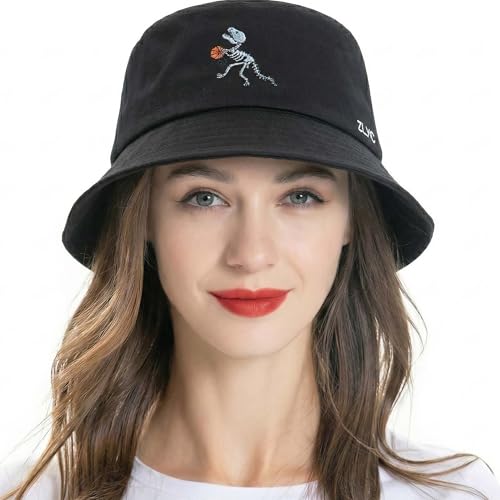 ZLYC Cotton Bucket Hat for Women Men Embroidered Packable Summer Sun Cap - color: Dinosaur Skeleton Black
