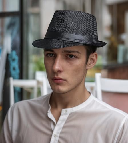 Giroir 2Pack Fedora Hats for Men Women Short Brim Unisex Short Brim Summer Beach Style 1920s Party Accessories - color: Black+white, size: Large-X-Large