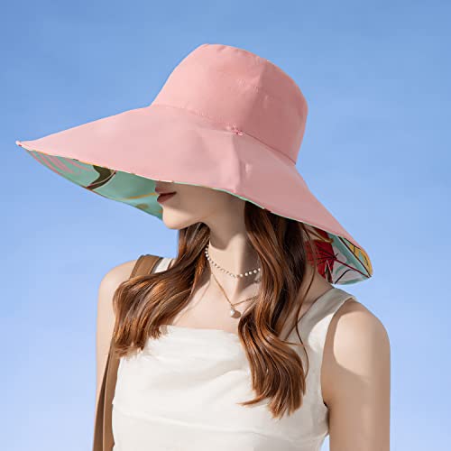HUAMULAN Wide Brim Women Summer Sun Floppy Hat Reversible Beach Bucket Hat - color: Bg8240-pink