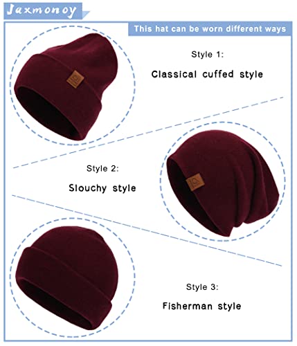 jaxmonoy Slouchy Knit Beanies Winter Hats for Women Men Soft Warm Reversible Slouch Cuffed Skull Knitted Beanie Cap - color: Wine Red