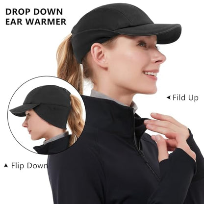 GADIEMKENSD Women's Winter Reflective Fleece Ponytail Hat with Drop Down Ear Warmer - color: Black