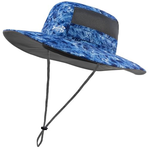 BASSDASH UPF 50+ Sun Fishing Hat Water Resistant with Detachable Neck Flap - color: Blue Camo - Big Head Size