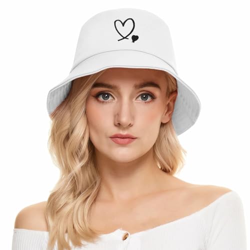 Bucket Hat Beach Sun Hat Fishing Hat for Women Men, Summer Outdoor Travel Packable Fisherman Hat - color: Love Heart White