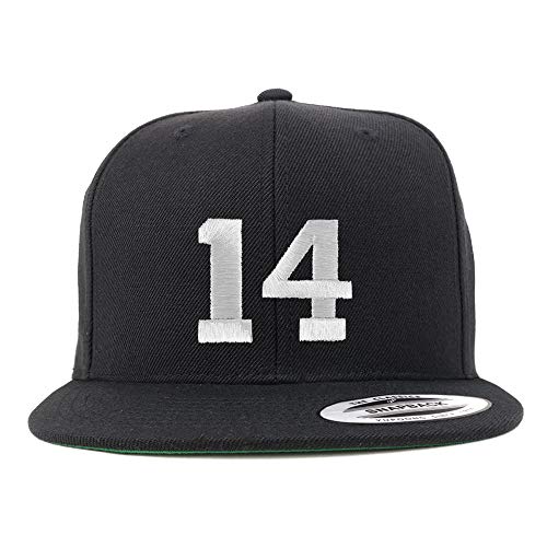 Trendy Apparel Shop Number 14 White Thread Embroidered Flat Bill Snapback Baseball Cap - color: Black