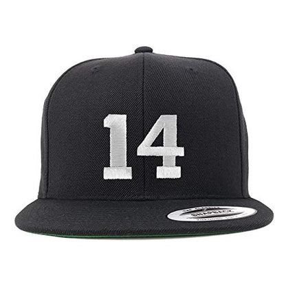 Trendy Apparel Shop Number 14 White Thread Embroidered Flat Bill Snapback Baseball Cap - color: Black
