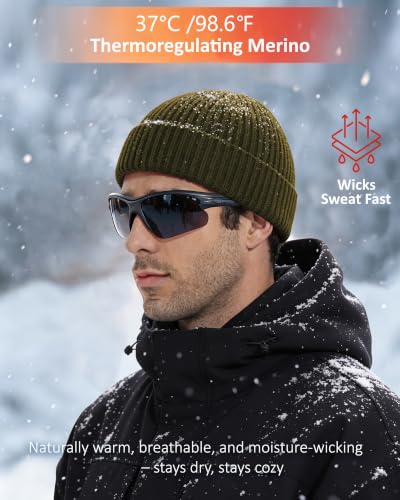 100% Merino Wool Fisherman Beanies for Men Winter Beanie Skull Cap - color: Army Green