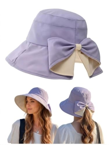 Women Bowknot Wide Brim UPF50+ Foldable Travel Beach Sun Hat - color: Purple