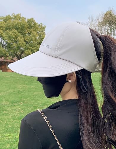 Sun Hats for Women Outdoor Wide Brim UV Protection Hollow Top Summer Beach Packable Visor with Ponytail-Hole - color: Grey