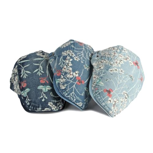 Quanhaigou Unisex Denim Newsboy Hats Flat Ivy Gatsby Cabbie Driving Berets Hat Cotton Dad Cap for Men Women - color: Denim Flower Light Blue