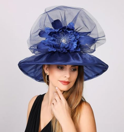 SAFERIN Women's Organza Church Fascinator Bridal Tea Party Wedding Hat - color: Gz-navy