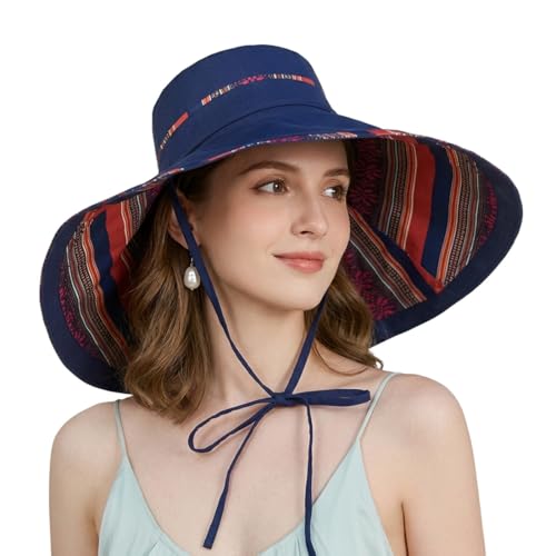 Reversible Wide Brim Sun Hat, Double-Sided Bucket Hat with Chin Strap, Packable UV Protection Beach Hat, Yellow - color: Navy Blue