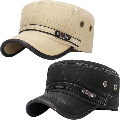 Cadet Army Hat 2 Pieces Flat Top Cap Unisex Military Hat for Women Men - color: Black E + Beige E