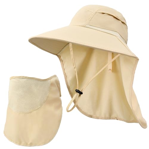 Sun Hats for Men Women Detachable Face Cover Wide Brim Fishing Hats with Neck Flap UPF 50+ Outdoor Safari Hats - color: Beige