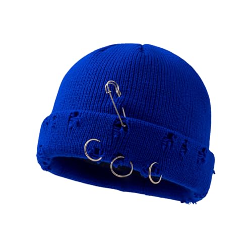 Unisex Adult Hip-hop Distressed Beanie with Iron Ring Punk Grunge Knitted Ripped Hat - color: Blue